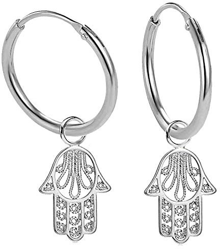 Creolen Ohrringe aus Sterling Silber 925 mit Amulett Hand der Fatima als Glücksbringer für Damen und Girls