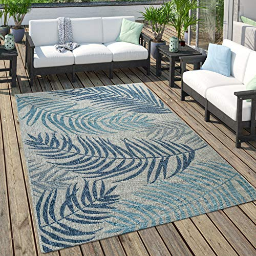 Paco Home Outdoor Teppich Für Terrasse Und Balkon Pastell Palmen Design, Grösse:120x160 cm, Farbe:Blau