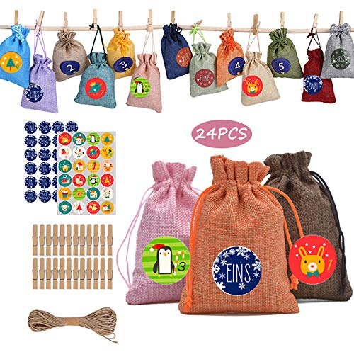 YOSICIL Adventskalender zum Befüllen 24 Adventskalender Stoffbeutel inkl. 2 Adventszahlen Aufkleber Weihnachtskalender DIY Bastelset Füllung Säckchen Stoffbeutel mit Kordelzug
