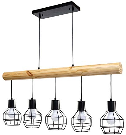 Pendelleuchte HWC-H83, Hängelampe Hängeleuchte, Industrial Vintage Massiv-Holz Metall schwarz - 5 Gitterlampenschirme