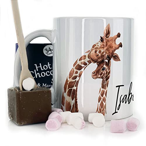 Hairyworm Personalised Mug and Belgian Milk Chocolate/Hot Chocolate Stirrer Marshmallow Gift Set, Custom Name (11oz) White, Yellow, Blue, Black, Pink Mug with Mother and Baby Giraffe Design Print