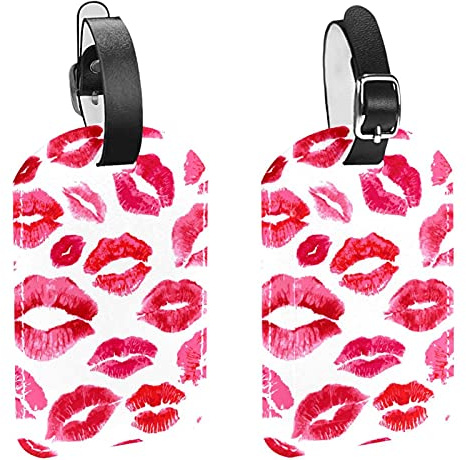 Set di 2 etichette per bagagli da viaggio con motivo a labbra rosse e rosa da donna, etichette identificative per borse e bagagli, con cinghia di sicurezza