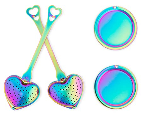 Heart Shaped Rainbow Stainless Steel Tea Strainer Infuser - Set of 2 + 2 Drip Trays TEA FOR TWO for Leaf Tea & Herbs Great Gift Idea