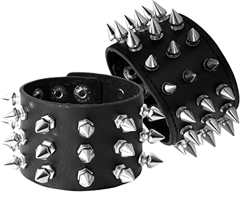 Eigso 2 Pcs Punk Leder Manschette Nieten Armbänder für Männer Frauen Retro Classic Spikes Armbänder für Mann Frau