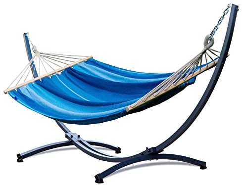 Potenza Outdoor Hängematte mit Gestell für 2 Personen I Stabhängematte XXL 220x160, 200kg I Verzinkter Hängemattengestell 220kg Wetterfest (Blau, Basic Gestell Graphit)