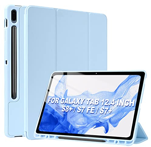 Hülle Kompatibel mit Samsung Galaxy Tab S8 Plus/S7 FE/S7 Plus 12,4 Zoll mit S Pen Halter & Auto Schlaf/Wach, Slim PU Leder Schutzhülle mit Standfunktion für Samsung Galaxy Tab S8+/S7 FE/S7+(Blau)