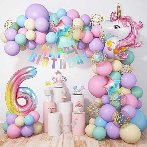 6 Einhorn Ballons Geburtstagsdekoration 120 Stück Pastell Macaron Luftballon Girlande Arch Kit Mädchen, Rosa Lila Confetti Latexballons mit Folienballon Zahl 6 Kuchen Topper Happy Birthday banner