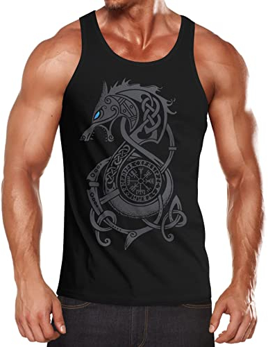 Neverless® Herren Tank-Top Fenrir Fenriswolf Wikinger Kompass nordisch Vegvisir Wolf Asgard Muscle Shirt schwarz 3XL
