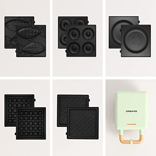 CREATE/STONE STUDIO/Appareil à croque-monsieur Vert pastel / 5 plaques interchangeables: Sandwich-grill, Gaufre, Taiyaki, Pancakes et Donuts, antiadhésif, ouverture à 100º, arrêt automatique, 600W