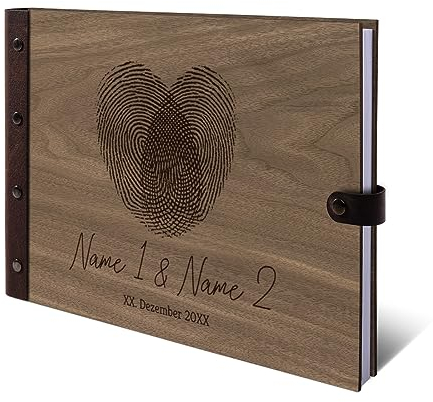 Personalisiertes Hochzeit Gästebuch Nussbaum Amerikanisch Ringbuch mit Holzcover 72 Blatt | 144 Seiten DIN A4 quer - Fingerabdrücke