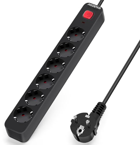 Aigostar Regleta Enchufes, Alargador Enchufe de 6 Enchufes con Interruptor, Cable de 3 Metros, Negro