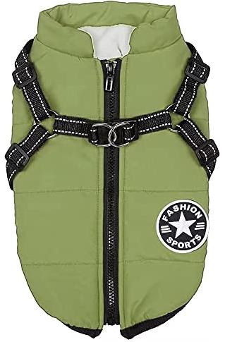 Voarge Hundejacke Winterweste Jacken, Hundemantel mit Geschirr für Kleine Hunde Hundemantel Wasserdicht Maschinen Waschbarer Reflektierender Streifen Design Haltbarer D-Ring (M, Grün)