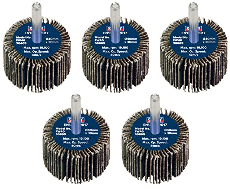 Sealey Ø40 x 30mm Abrasive Flap Wheel Ø6mm Shaft Assorted Grit - Pack of 5 FW4030ASS