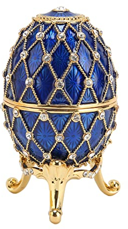 Cyrank Marineblaues Emailliertes Osterei-Schmuckkästchen Mit Scharnieren, Goldgitter-Muster, Vintage Dekoratives Schmuckkästchen Mit Strasssteinen, Zarte Geschenk-Display-Verzierung Ei Trinket Box
