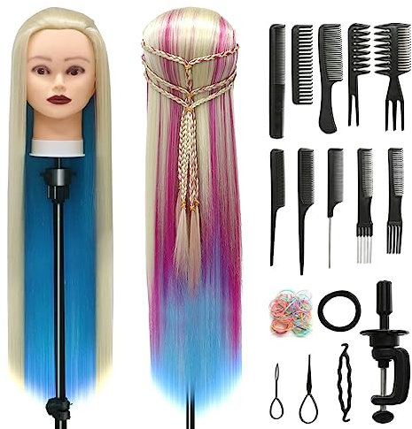Styling Head 28 inch Hairdresser Training Head 100% Synthetic Fiber Hair Styling Head, Training Head Hairdressing Head with Free Clamp and DIY Braiding Set (Colorful)