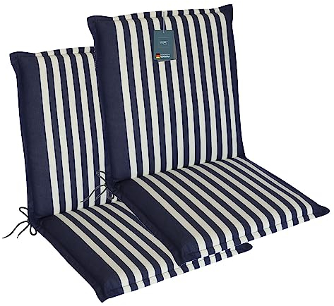LILENO HOME Gartenstuhl Auflagen als [2er Set - Niedriglehner] in Streifen Dunkelblau - Bequeme Liegen als Sitzauflagen für Gartenmöbel - Stuhlkissen für Gartenstühle und Klappstühle Malt