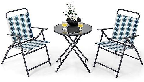 GIANTEX Juego de muebles de jardín de 3 piezas de metal con 2 sillas y mesa de café redonda de cristal, conjunto de asientos con mesa para patio, porche, patio, patio trasero