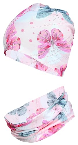 TupTam Ragazze Bambini Berretto Infinity Sciarpa Set di 2 Autunno Inverno Foderato Beanie Cappello di Transizione., Jersey 2 Strati - Farfalle Rosa Grigio, 52