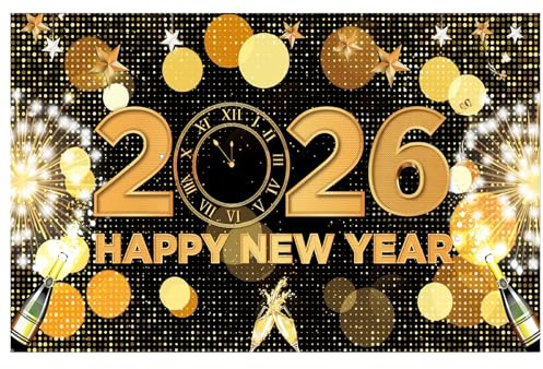 2024 Happy New Year Dekorationen, Happy New Year Hintergrund Banner Schwarz Golden Ballons Champagner Feuerwerk Fotoshooting Studio Requisiten Glitzer Sterne für Silvester Party Dekorationen (Schwarz