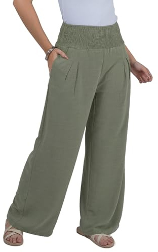 Lofbaz Women Linen Palazzo Wide Leg Pants Flowy Lounge Casual High Waist Trousers Summer Beach Boho Long Pant with Pockets Green L