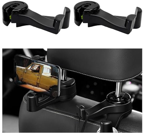 Suvnie 2PCS 2 in 1 Car Headrest Hidden Hook, 360° Rotatable Automotive Seat Hook with Phone Holder, Multifunctional Vehicle Back Seat Hook Hanger for Phone, Purse, Cloth, Grocery (Black)