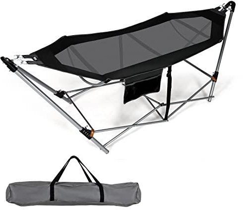 COSTWAY Hamac sur Pied, Hamac Pliant avec Support Métallique et en Tissu d’Oxford, Poche Latérale et Boucles Anti-Basculement, pour Porche, Patio, Jardin, Charge 150KG, 227 x 82 x 89CM