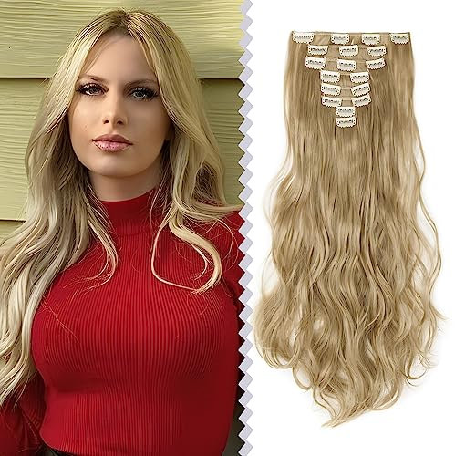 Elailite Clip in Extensions, Aschblond - Haarverlängerung Haarteil Gewellt günstig, 8 Tressen Hair Extensions Clip, 60cm 140g für Voller Kopf