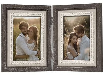 SUMGAR Bilderrahmen Holz 10x15 cm Vintage Holz Doppelt Paar Weihnachten Geburtstag Geschenk Objektrahmen Rustikale Shabby Natur Braun Fotorahmen Retro Gedenkfotorahmen Collage