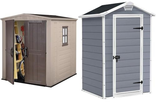 Keter 17197898 Factor Outdoor Garden Storage Shed, Beige, 6 x 6 ft & Manor Outdoor Garden Storage Shed, Grey, 4 x 3 ft