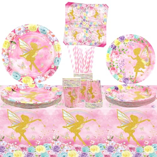 Fairy Party Supplies - Pink Flower Girl Plates, Cups, Napkins, Tablecover, Straws for 20-Person Butterfly Princess Party (20)