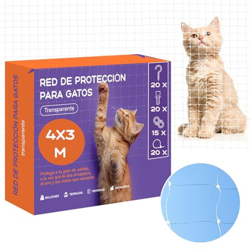 Mablik® Red para Gatos Terraza 4x3m Transparente + Kit de Instalación + Instrucciones. Malla Protectora Balcon y Ventanas de Nylon. Trama 3x3cm. Seguridad y protección para tu Gato (4x3m Transparente)