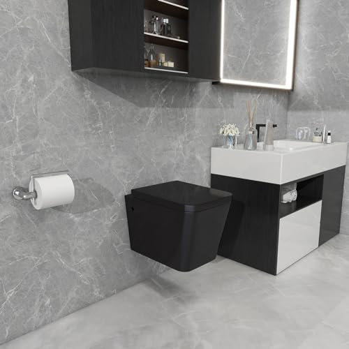 Robanmoa Matt Black Wall Hung Toilet Bathroom WC Short Projection Toilet Pan, Modern Square Wall Mounted Toilet Ceramic with Soft Close Seat Quick Release Compact WC