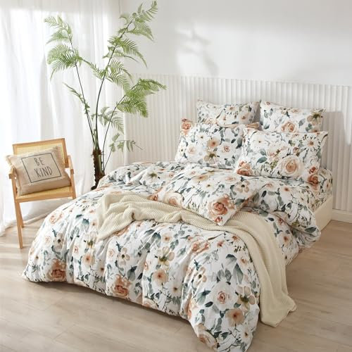 Housse de Couette Blanc Beige Parure de Lit Floral à Motif Printemps Branches et Feuilles 1 x Housse de Couette 240x260 cm 2Personnes et 2 x Taies d'oreiller 65x65 cm Moderne avec Fermeture Eclair