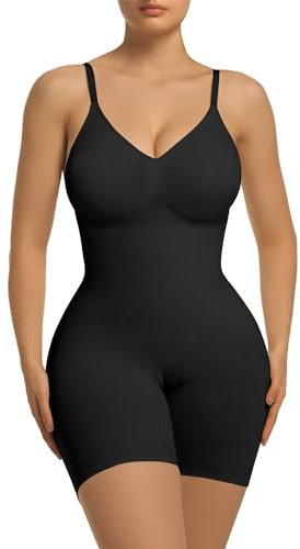 SHAPERX Body Shaper for Women Mid Thigh Shapewear Seamless Compression Bodysuit with Removable Pads, UK-SZ5468-Black-S/M