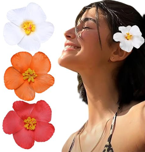 QEDBOJE 3 Pezzi Fermagli per Capelli con Fiori Hawaiani per Donne, Fermaglio per Capelli Plumeria Hibiscus, Fermagli con Fiori Artificiali per Vacanze, Feste in Spiaggia