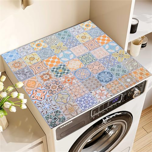 housse machine a laver, tapis protection dessus de lave linge top, souple découpable, imperméable, décor, Housse universelle Machine a Laver pour Machine à Laver Ou Sèche-Linge (Boho,60x60cm)