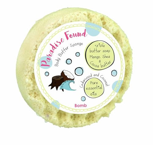 Bomb Cosmetics Body Buffer Soap Infused Sponge 2 in 1 Cleanse Exfoliate Moisturising Triple Butter Soap Sponge with Soap Inside Paradise Found