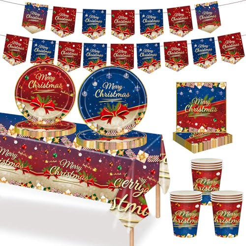 MORAINJAY 70Pcs Christmas Party Tableware Set, Bows Table Decoration With Cups, Banner, Tablecloth, Plates and Napkins for Christmas Eve Home Party Favors Supplies