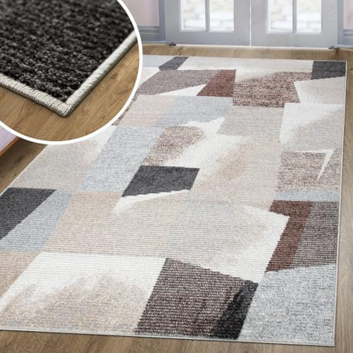 oKu-Tex Teppich Wohnzimmer | Harmonia | Wohnzimmerteppich | modernes Muster | Skandi Design | Patchwork | Hoch-Tief-Effekt | Beige | 80 x 150 cm