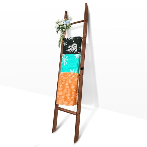 6-Tier Decorative Wooden Blanket Ladder - 5.5 Ft Towel Rack and Wall-Leaning Quilt, Farmhouse Style, Ideal for Living Room, Bathroom, Bedroom - Not for Climbing (Carbon Brown)