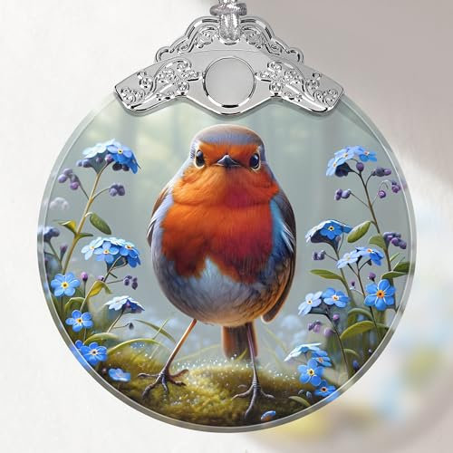 Touber Robin Stained Glass Ornament, Christmas Tree Decoration, Robin Christmas Decor, 3 Round
