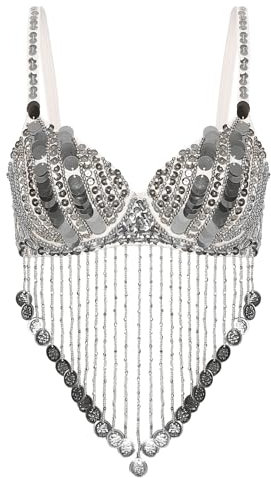 Hedmy Damen Bauchtanz Kostüm Pailletten Bauchtanz BH Crop Top Bauchfreie Tanzshirt Glitzer Rückenfrei Oberteile Silber Einheitsgröße