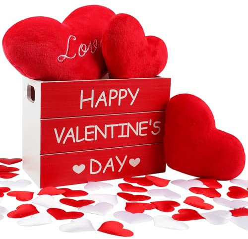 Wlicon Decoración de madera para el día de San Valentín, caja de madera para el día de San Valentín con 3 corazones de felpa y 50 corazones de tela, decoración de mesa de San Valentín para boda,