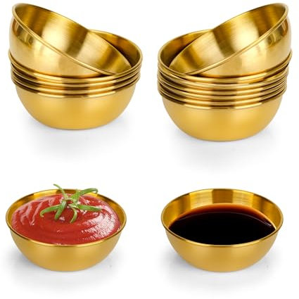 YKUKIZEE 12 PCS Gold Soy Sauce Dishes Stainless Steel 130 ml, Round Small Dipping Bowls Individual, 4.3 oz Mini Side Seasoning Dish for Prep Sushi Condiment Appetizer Ingredient Serving Bowl
