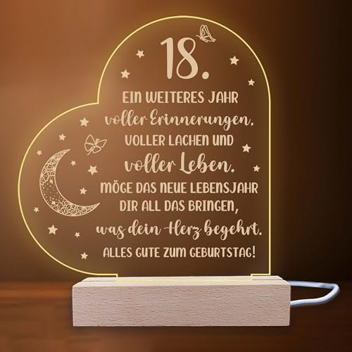 INDIGOS UG - LED Nachttischlampe - 18. Geburtstag - Herz links mit Spruch - Nachtlicht - 3D-LED-Lampe - Geburtstag - Geschenk für Freund, Freundin, Familie - Liebe, Geburtstagsgeschenk