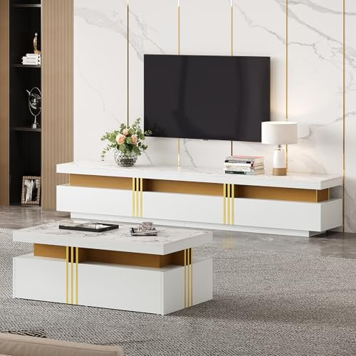 Ensemble meuble TV mural blanc pour salon, table basse + meuble TV, kit de rangement multifonctionnel