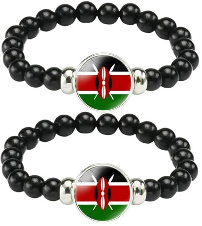 ZENRUIMING 2Pcs Kenya Flag Bracelet, Handmade Beaded Elastic Bracelet, African Jewelry, Kenya Tourism Souvenir, Adjustable, Resin Glass, no gemstone