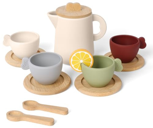 HOTUT Wooden Afternoon Tea Set for Toddlerr,Children Tea Party Set with Cup base and Cups,Dishwasher Safe Tea Set for Toddler,Wooden Tea Set for Toddler,Silicone Tea Party Set for Girls Boys Gifts