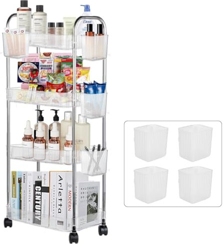 Speclux 4-Tier Clear Acrylic Rolling Storage Trolley on Wheels with Bonus Hanging Cups, Lockable Wheels & Handle - Multipurpose Utility Cart for Kitchen, Bathroom, Laundry, Craft, Book & Snack Storage