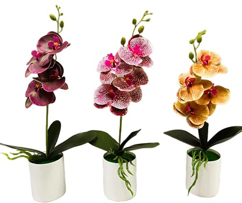 Generisch Kunstpflanzen Orchideen bunt 3er Set – 37 cm hoch – naturgetreu & farbenfroh – inklusive Töpfe – künstliche Blumen für Deko, Fensterbank & Tisch – pflegeleicht (dunkle Mischung)